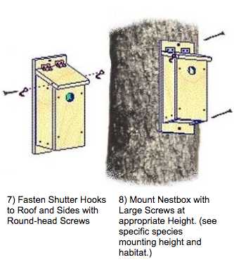 Mount nest box to tree or post with screws. Mount nest box with screws.