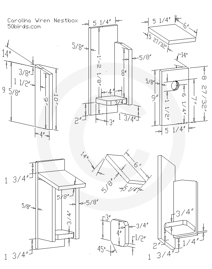 Carolina wren bird house plans. Print or just view in a smart phone. Follow this three-dimensional drawing with dimensions and work safely.