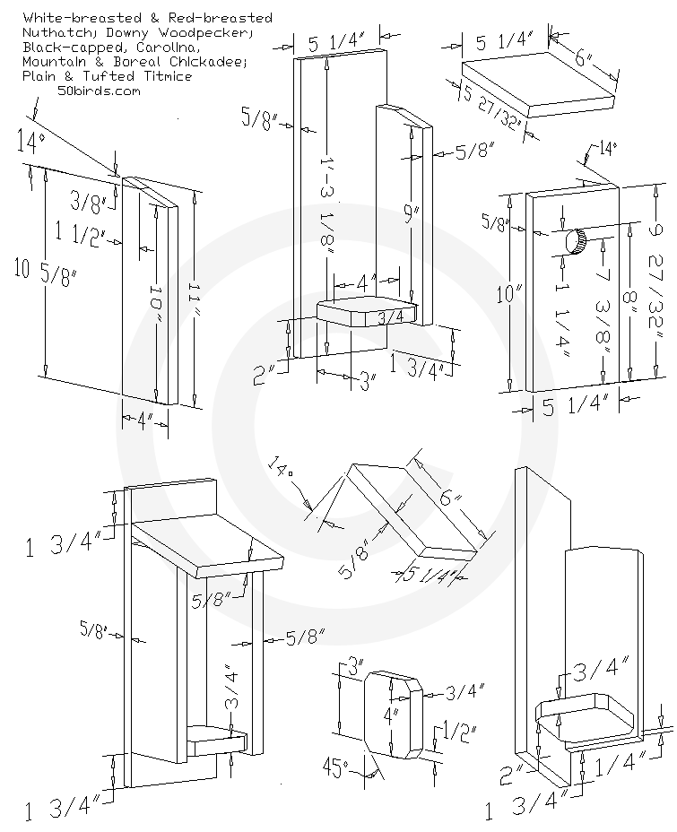 Chickadee nuthatch downy bird house design plans with dimensions. Print or just view on a phone in your workspace.