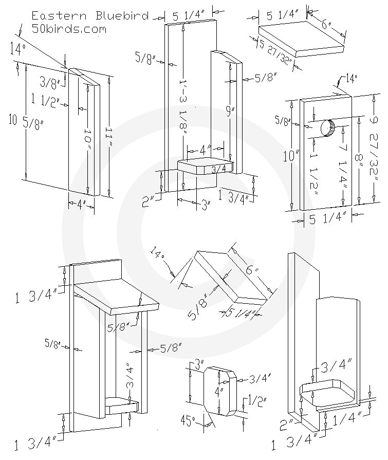 Eastern bluebird bird house plans. Design drawing with dimensions. Print or just view in a phone in your workshop.