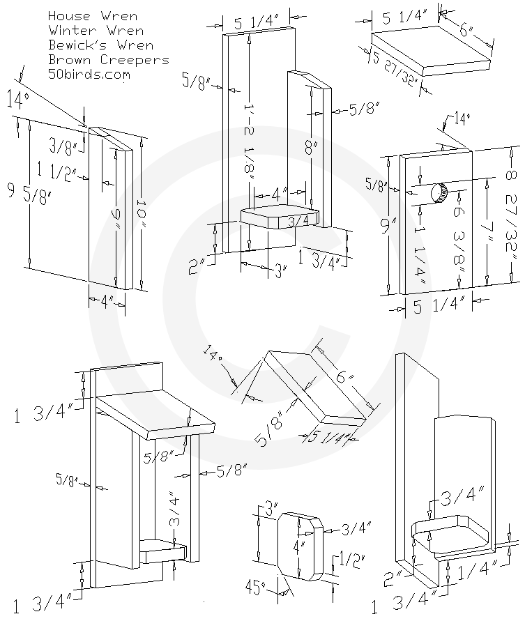 Wren Nest Box Plans for House Wrens, Winter Wrens, Bewick's Wrens and Brown Creepers. Design dimensions and three dimensional drawing.