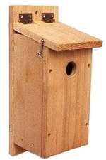 A cedar birdhouse for chickadees, nuthatches and downy woodpeckers.