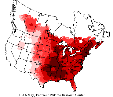 USGS map shows blue jays range from the eastern slopes of the Rocky Mountains to the East Coast.