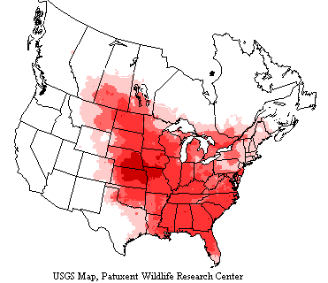 USGS Brown Thrasher Breeding Survey Map USGS map shows brown thrashers generally inhabit eastern North America, west to the base of the Rocky Mountains.