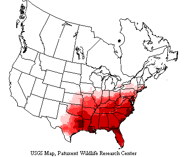 USGS Range map shows Carolina wrens breed in southeast US from the Great Lakes and Texas to the East Coast.