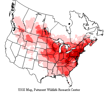 USGS Catbird Breeding Survey Map USGS map shows catbirds generally range in eastern and northwestern U.S. and in Canada.