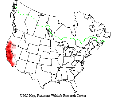 USGS range map shows oak titmice inhabit California, southern Oregon and western Nevada.