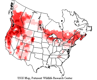 USGS Red-breasted Nuthatch Range Map A USGS range map for Red-breasted Nuthatches showing dense population along the West Coast, western Canada and along and above the Great Lakes and northern East Coast.