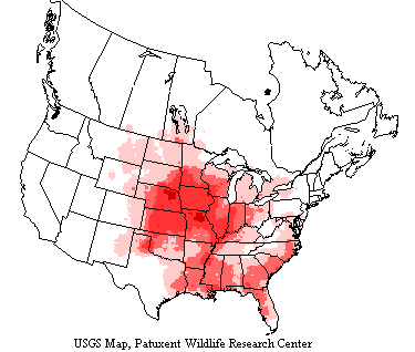 USGS map shows red-headed woodpeckers range throughout most of the U.S. east of the Rocky Mountains and southern Canada.