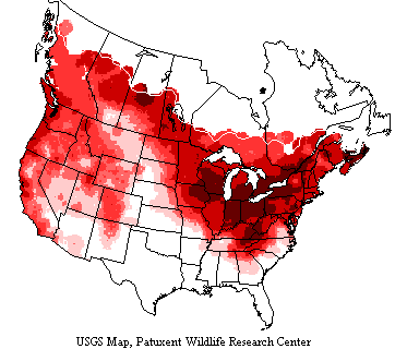 USGS map shows song sparrows range from southern Alaska across Canada below 60 degrees latitude to Newfoundland and throughout the U.S. 