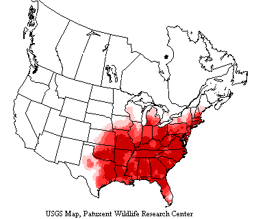USGS Tufted Titmouse Range Map Range map shows tufted titmice range throughout eastern US from the Gulf States up to Michigan, the Great Lakes region and over to Main.