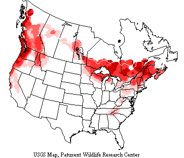 USGS map shows winter wrens breed in northern US and southern Canada along a swath extending from east to west coasts f